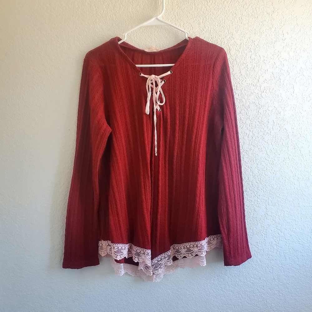 Entro Burgundy Longsleeve Top Size L Lace Up‎ Sheer Romantic Layering Casual